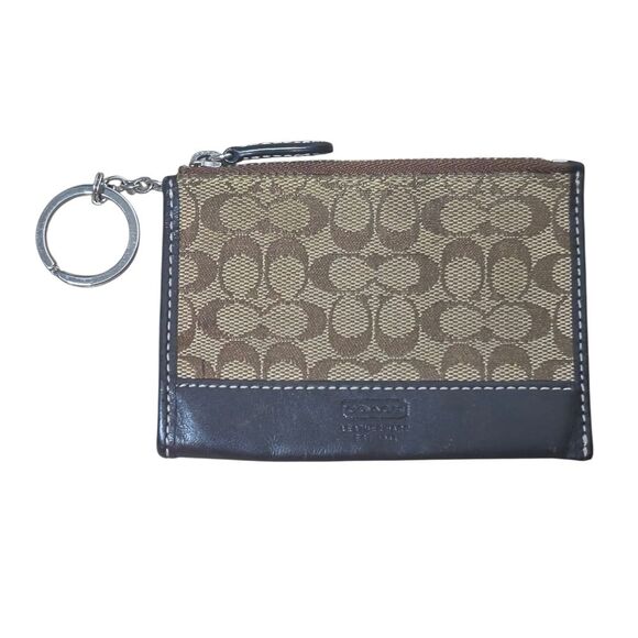 Coach Signature Logo Canvas Leather Coin Purse ID Wallet Key Chain Tan Brown - Picture 1 of 2